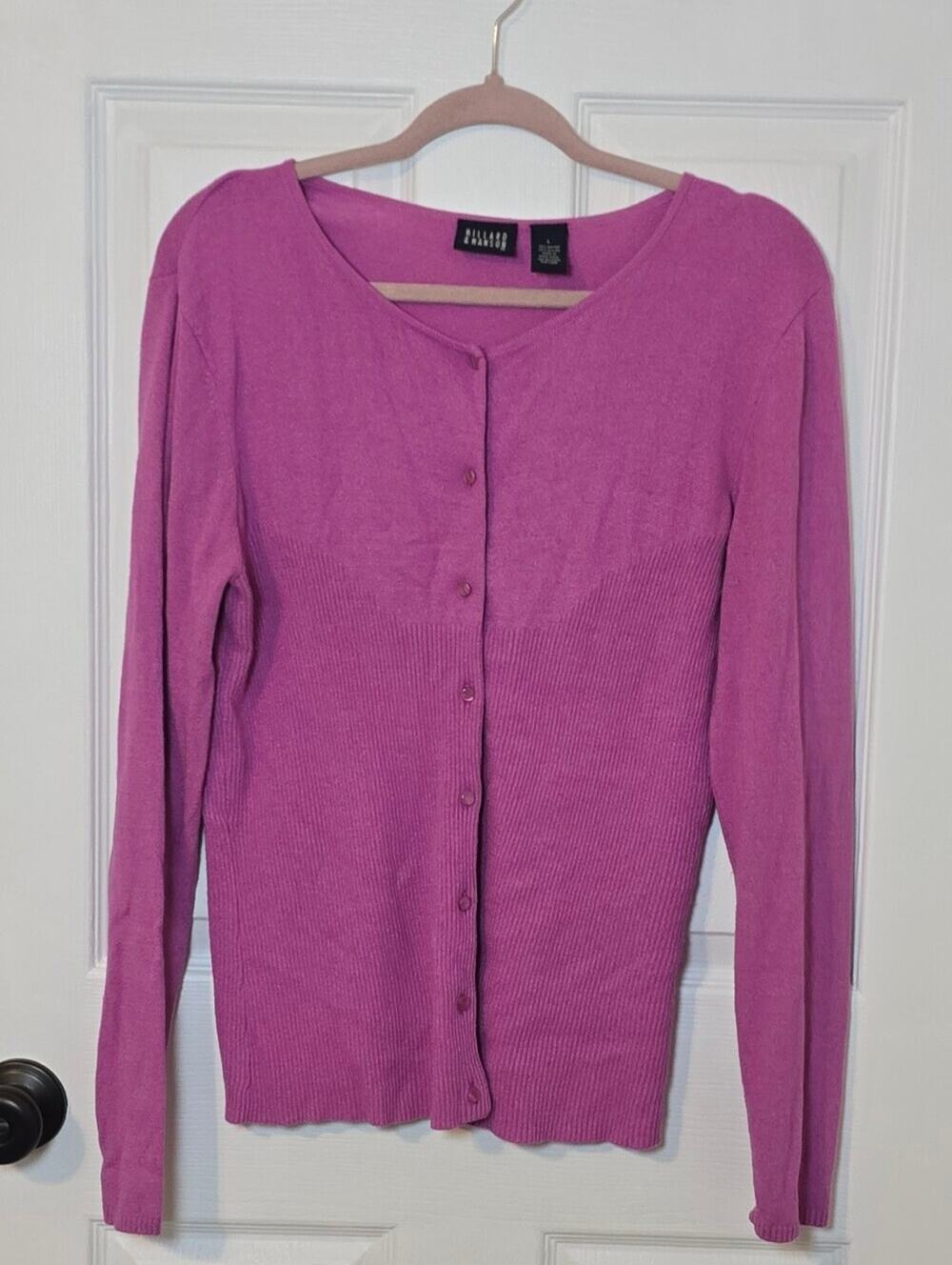 Hillard & Hanson Magenta Ribbed Cardigan Sweater Large Button Front Lightweight